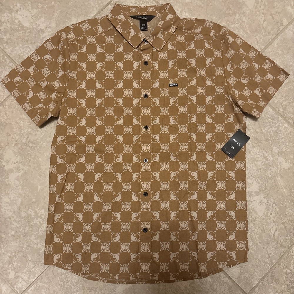 RVCA Kimura Collar Short Sleeve Button Up Shirt Ying & Yang Brown Size: Medium